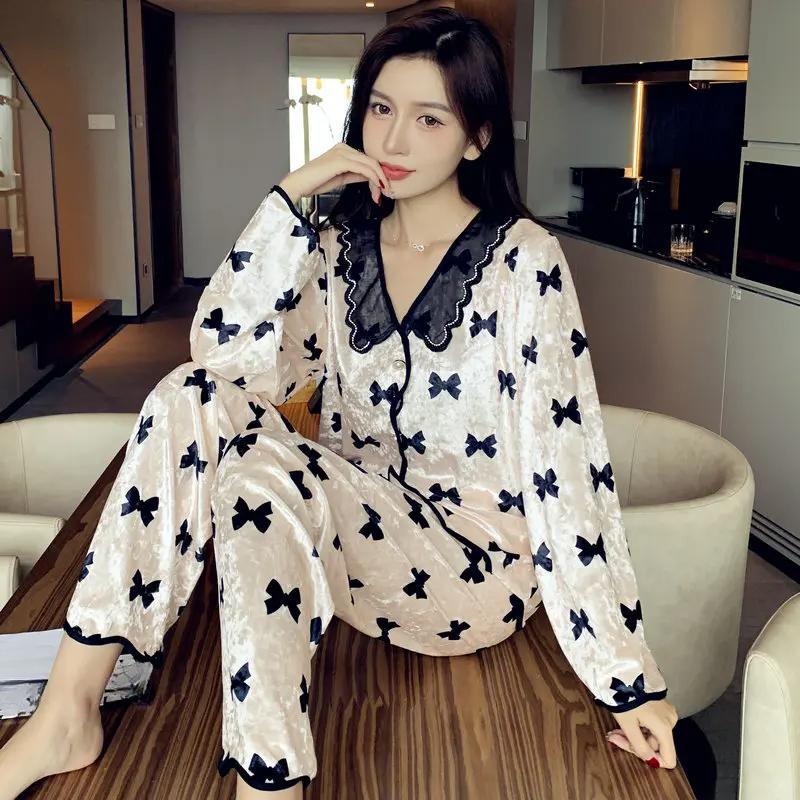 Romantic Bow Lace Fleece Women's Pajamas Korean Harajuku Ins Print Lady Sleepwear New Autum Winter Y2k Lazy Home Set