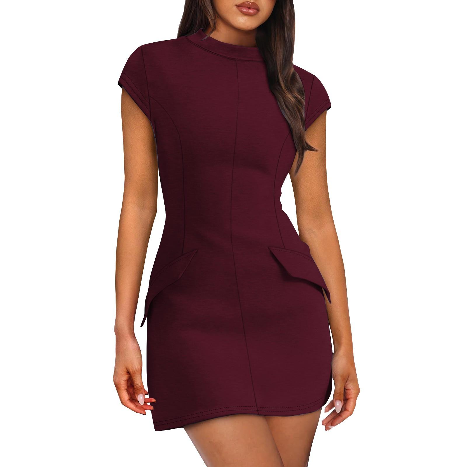 Women s Fashion Casual Round Neck Shoulder Sleeve Slim Party Dresses XXL винный