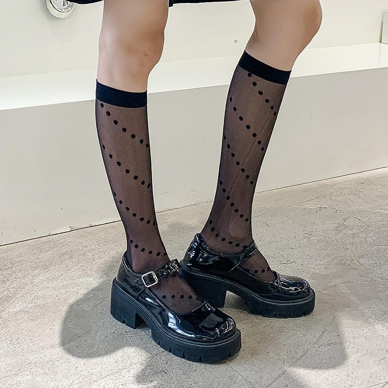 JK Sexy Calze Lunghe Nere a Pois Rete Ultra-sottile Rete Alta Ginocchio Donna Estate Sottili Trasparenti Calze Lolita