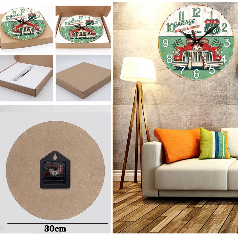 30CM Silent Wall Clock,Vintage Pattern Wooden Cardboard Wall Clock, European Retro Clock for Chic Home Office Cafe Decor