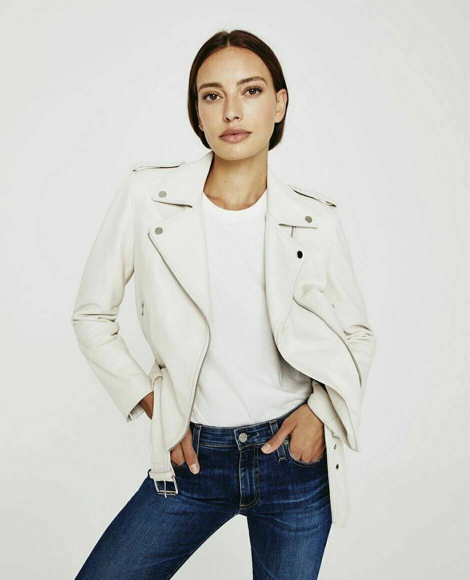 

Байкерська куртка Slim Fit. Жіноча мотоциклетна куртка з м’якої шкіри ягняти, біла 3XL білий