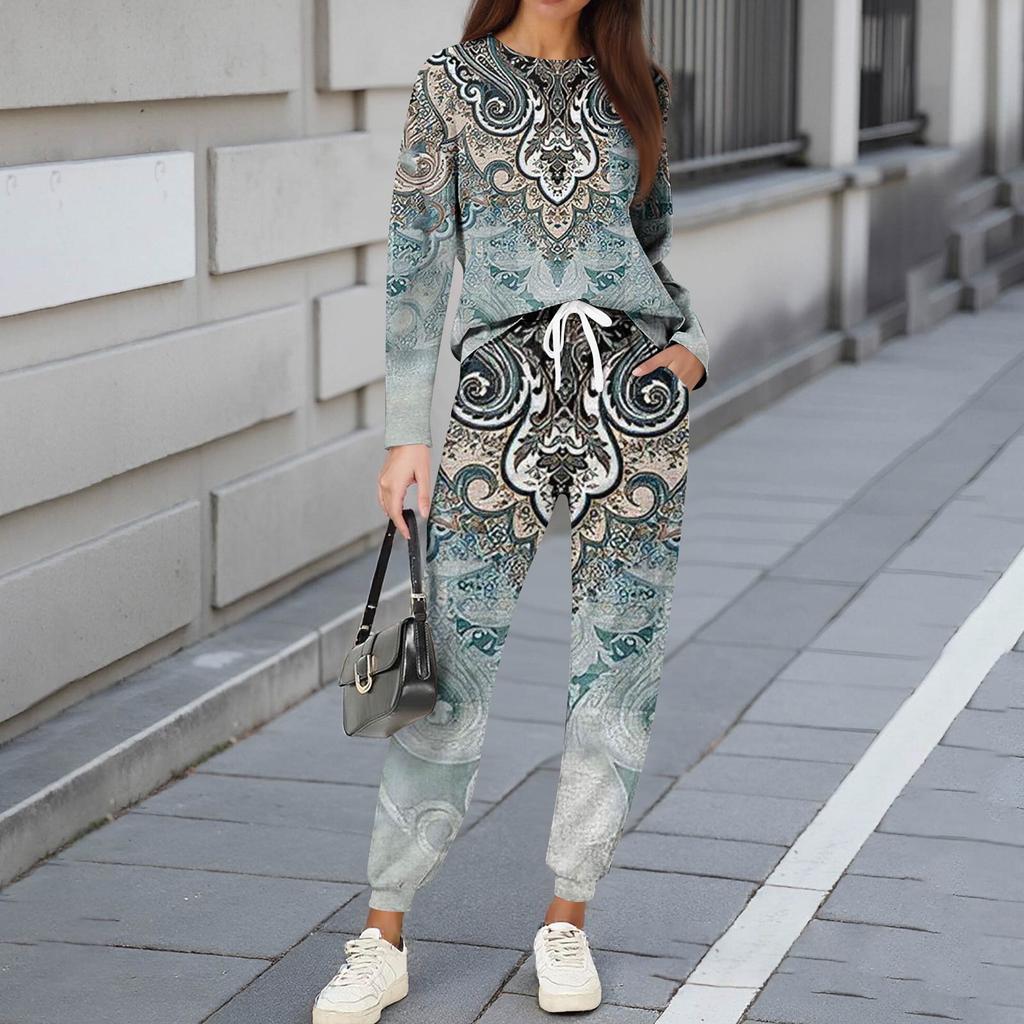 Seturi pentru femei 2 piese Tricouri cu mânecă lungă cu gât rotund Pantaloni de trening imprimați Seturi cu buzunare