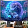 Cosmic Blue Yin Yang Tapestry, Bohemian Wall Art with Blossom Trees, Mountain Peaks & Night Sky,for Home Meditation & Zen Themed