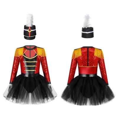 Kids Performance Costume Honour Guard Set Tutu Leotard with Feather Hat for Dress Up