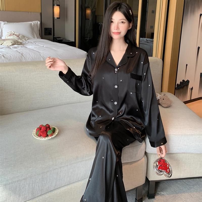 Women's Ice Silk Solid Color Pajama Set - Long Sleeve, Long Pants for Spring, Summer, and Autumn.