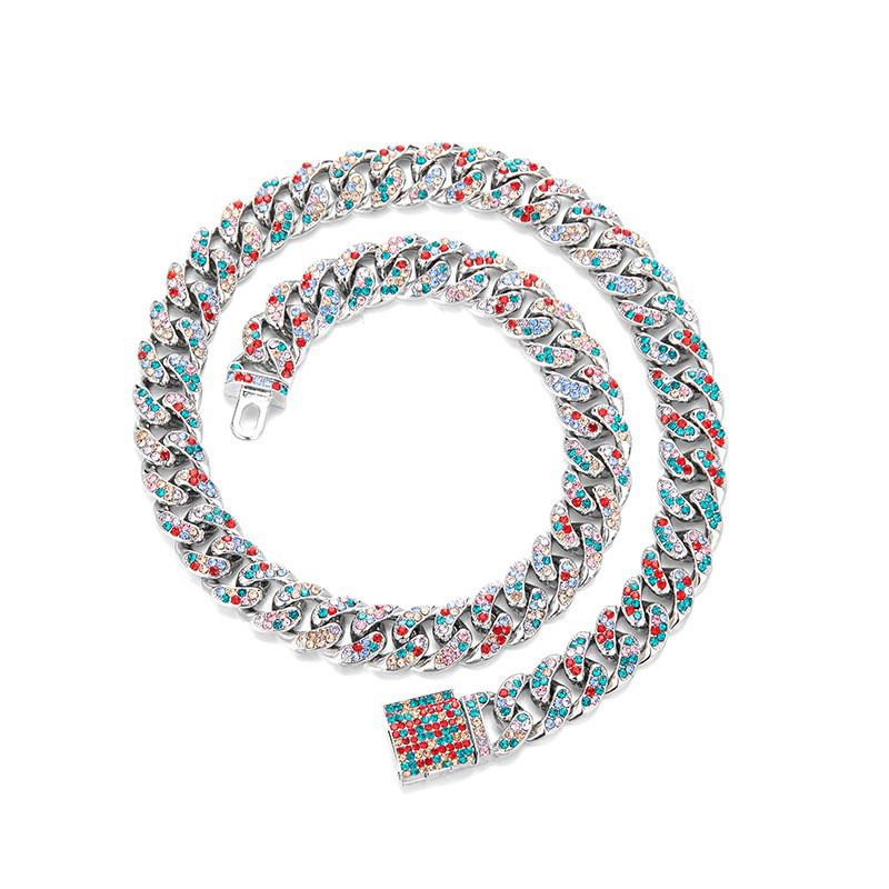 Couple Hip Hop Rhinestone Cuban Chain Necklace with Color Inlay