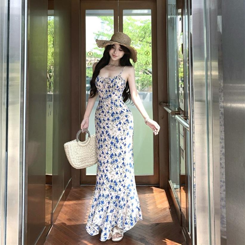 Elegant Beach Resort Spaghetti Strap Floral Mermaid Dress – 2026 Waist-Cinching Slim-Fit Design for Women Small