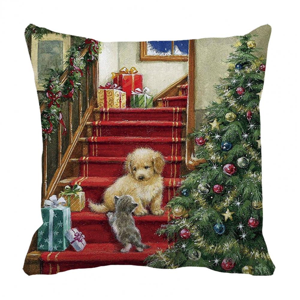 Christmas Gift Decoration Cute Cat Dog Print Cushion Cover Home Living Room Sofa Decoration Square Throw Pillow Cover