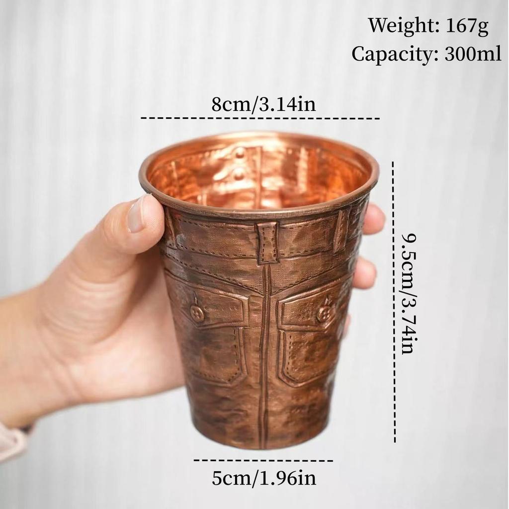 Vintage Pure Copper American Coffee Mug,Engraving Jeans Shape Texture Drinking Beer Beverage Outdoors Mug,Straight-Sided Tea Cup