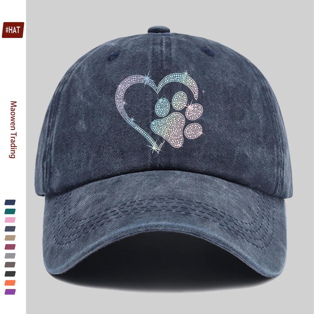pc Gradient Hot Drilled Heart Dog Paw Print Baseball Cap Casual Design Decorative Hat Comfortable Lightweight Headwear Adjus