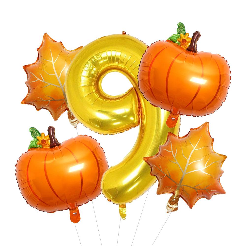 5pcs Autumn Pumpkin Maple Leaves Balloons Set 32inch Gold Number 0-9 Balloon Birthday Decorations Fall Festive Party Supplies