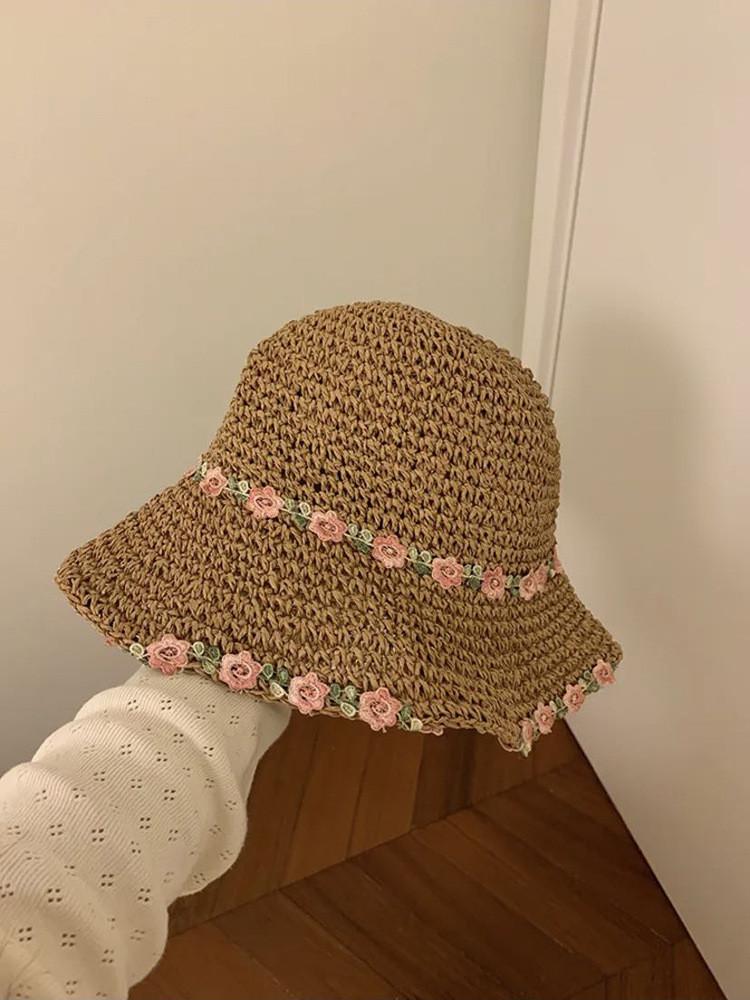 Stylish Ins Flower Foldable Straw Hat For Women Summer Beach Sun Protection