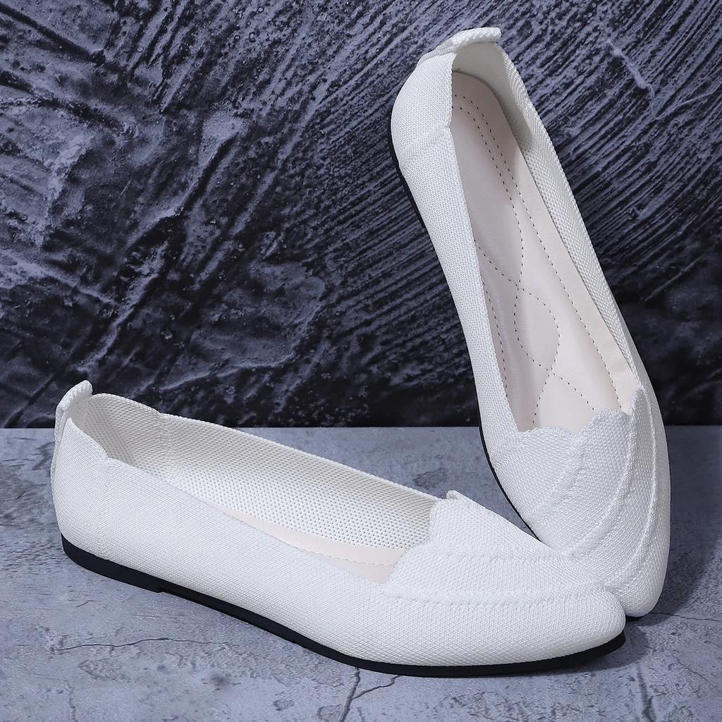 Fashion Women's Casual Flat Knitted Hollow Out Work Shoes Pure Color Pointed Toe Breathable Slip-On Shoes Comfortable Summer Shoes