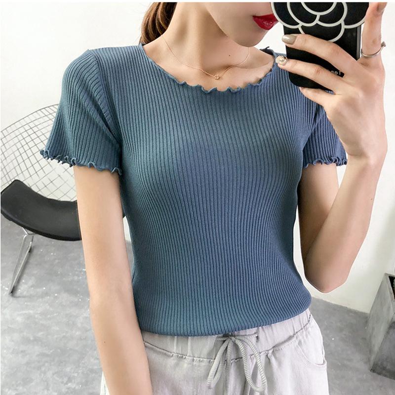 Dámské Léto Pletené Ledové Hedvábné Trička Topy Krátký rukáv Tenký Plísňový Listový Límec Vysoký Pas Jednobarevná Studená