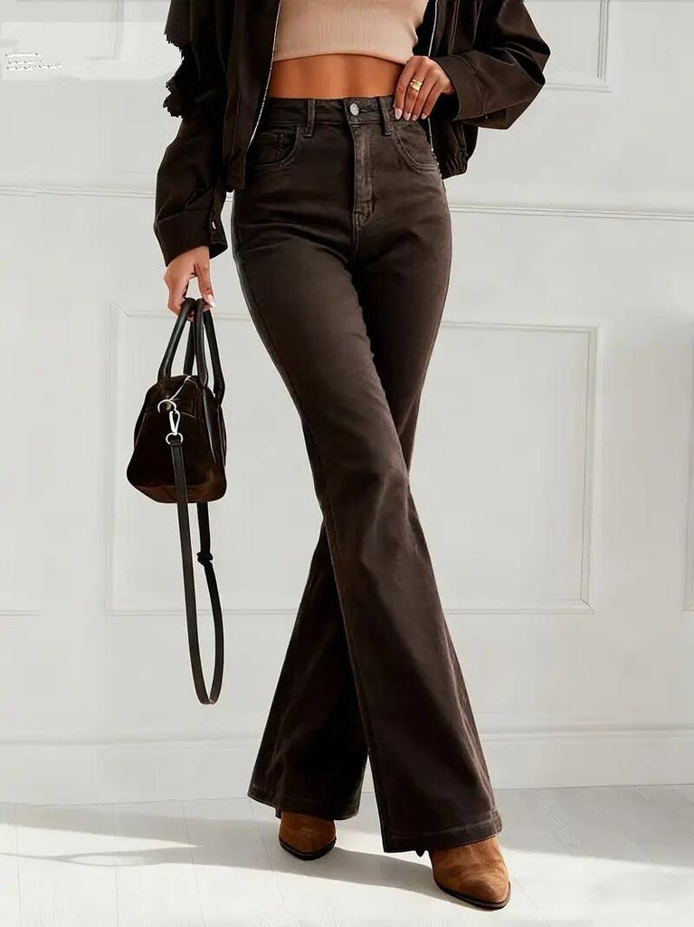 Puffanpop Women's High Waisted Stretchy Flare Jeans Chocolate Brown High Rise Bootcut Denim Pants Slim Fit Bell Bottom Trousers for Casual Daily Wear
