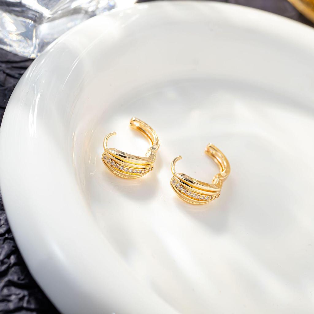 Classic Gold Plated Zircon Striped Hoop Earrings with Hollow Design