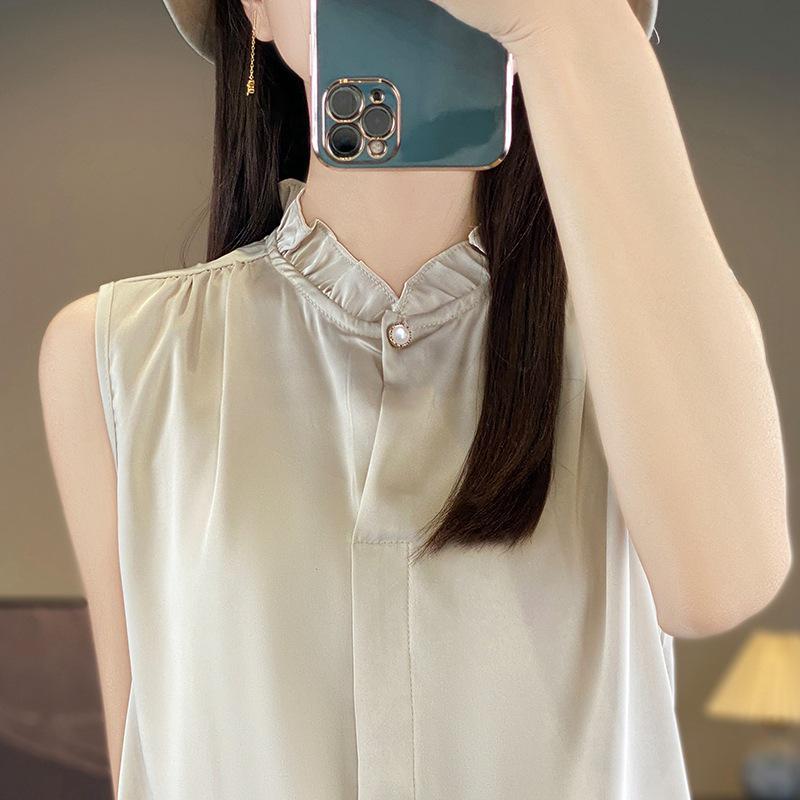 Elegant Satin Stand Collar Sleeveless Layered Shirt for Women
