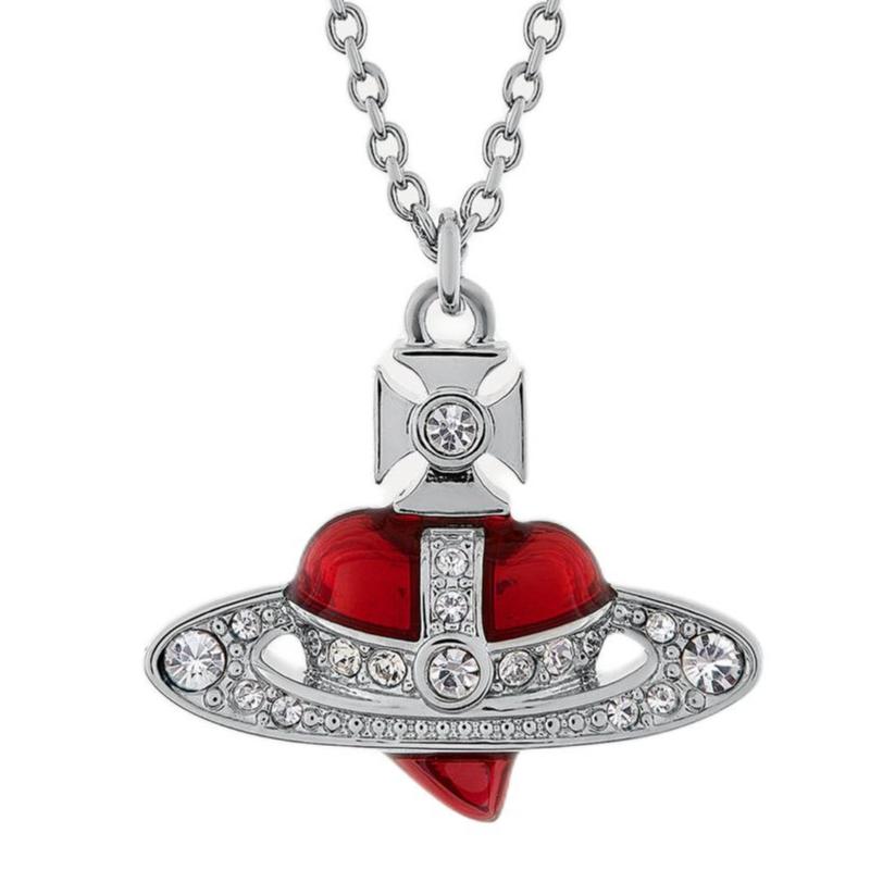 VIVIENNE WESTWOOD Diamante Heart Saturn Shape Pendant Necklace Unisex Necklace Silver Red 630203BM-02P383-CN