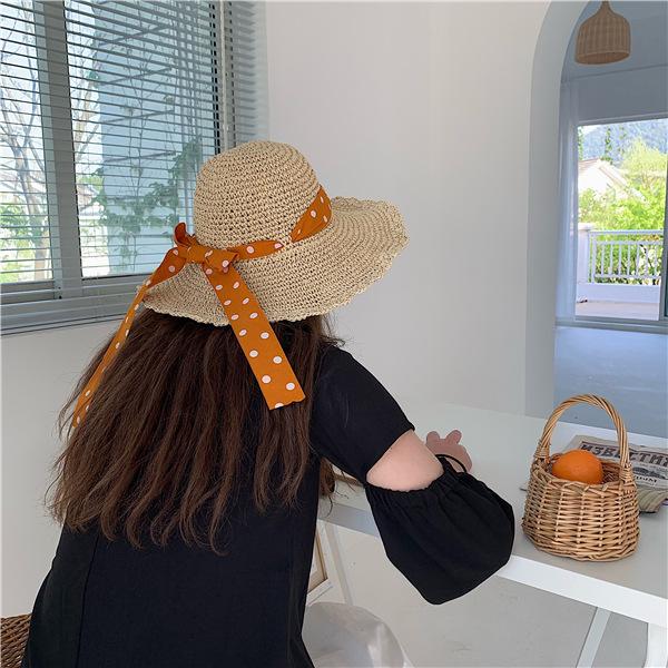 Pastoral cute polka dot streamer bow straw hat women's vacation beach sunscreen big eaves straw visor hat