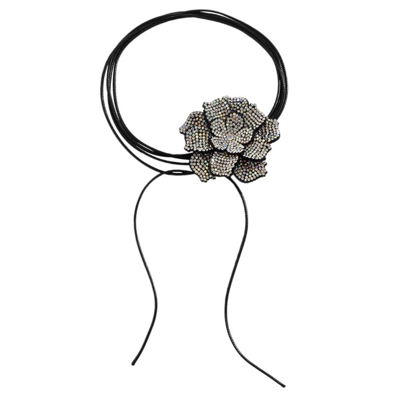 

Full Rhinestones Flower Choker Necklace Black Wax Rope Chain Camellia-Flower Lace-up Necklace For Women Girls Cowboy Y2K 1