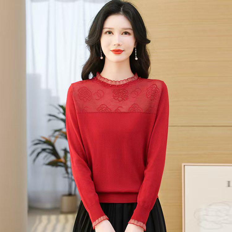 

Женский базовый слой из мериносовой шерсти с кружевной вязкой - Молодящий свитер с круглым вырезом для осени/зимы XL красный