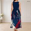Women Plus Size Round Neck Triple Keyhole Sleeveless Printed Red Blue Silver Long Dress