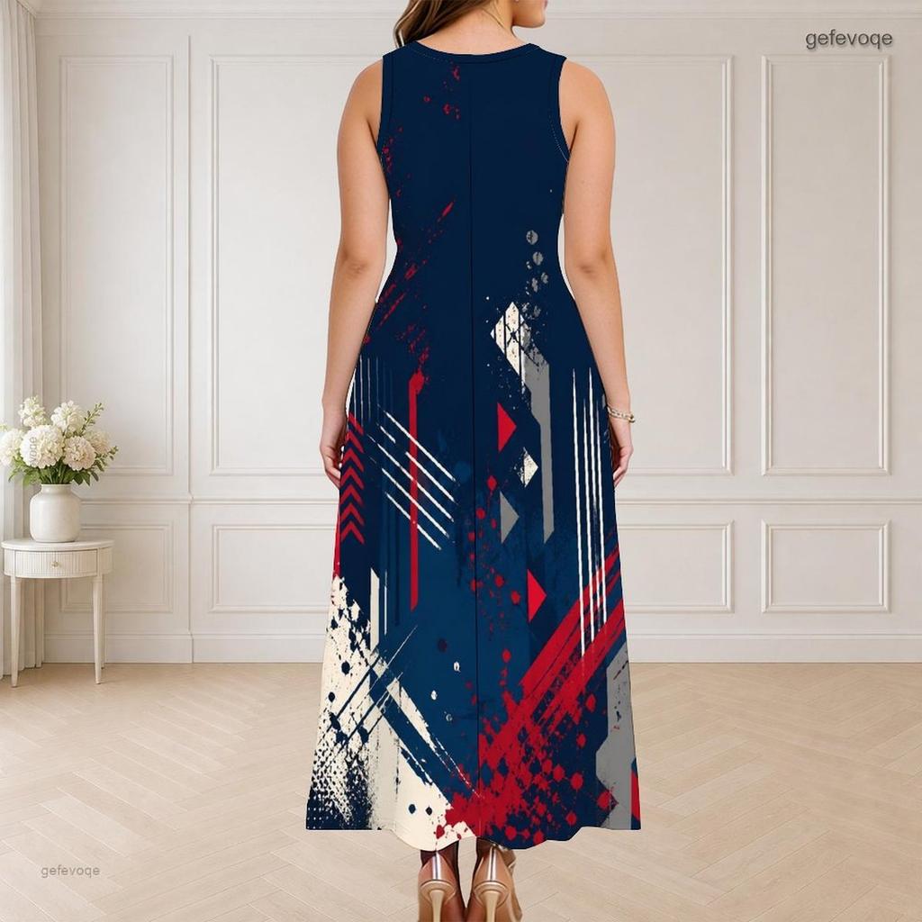 Women Plus Size Round Neck Triple Keyhole Sleeveless Printed Red Blue Silver Long Dress