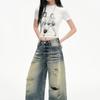 Spring Summer Dandy High Waist Drape Ripped Lazy Relaxed Wide Leg Denim Pants For Women Casual Pants Oversize Denim Trousers