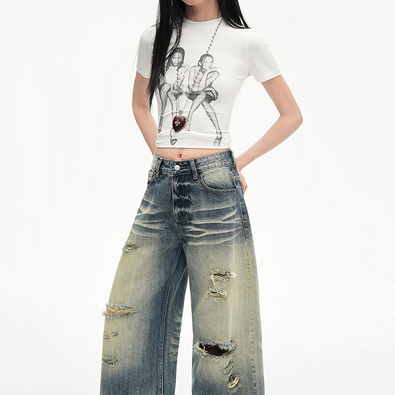 Spring Summer Dandy High Waist Drape Ripped Lazy Relaxed Wide Leg Denim Pants For Women Casual Pants Oversize Denim Trousers