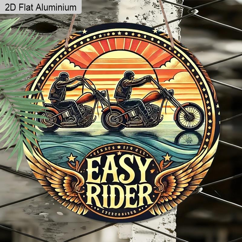 2D Flat Aluminum Retro Easy Rider Motorcycle Metal Sign - Vintage Biker Wall Decor for Man Cave Garage Bar, Round Hanging Ornament - Unique Motorbike