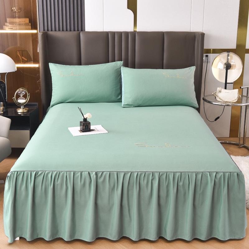 Solid Color Washed Cotton Lace Bed Skirt Mattress Protector