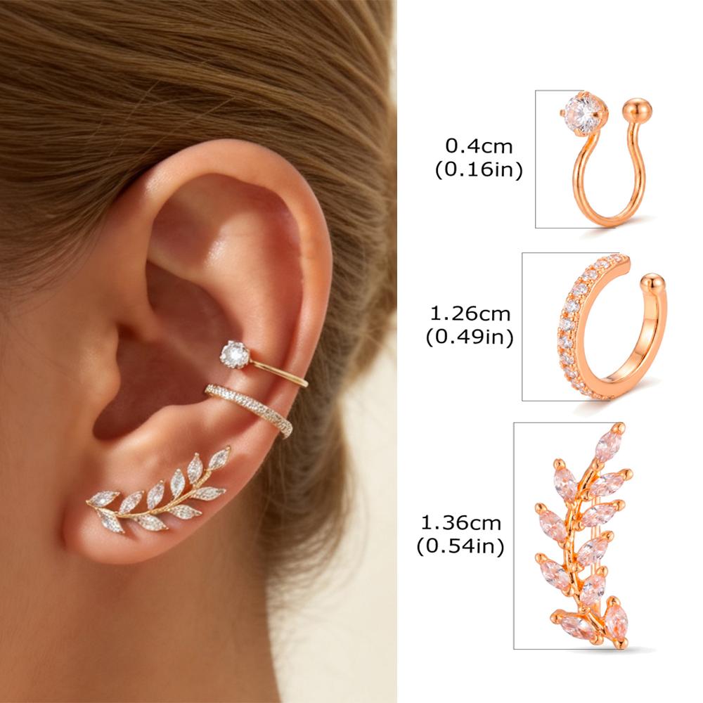

3pcs Set Zircon Leaf Ear Clip Earrings for Women, Simple Non-Piercing C-Shaped Ear Cuff, Ear Bone Clip on Earrings Jewelry Gift