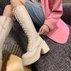 Women's White Lace-Up High-Heeled Martin Boots - British Style, Round-Toe, Thick-Soled, Side-Zip Knight Boots