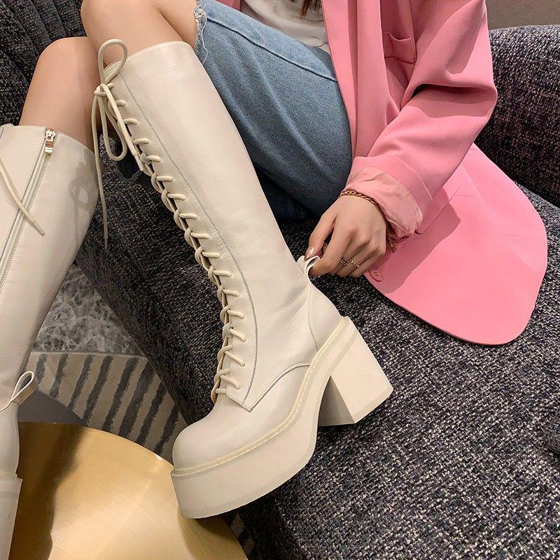 Women's White Lace-Up High-Heeled Martin Boots - British Style, Round-Toe, Thick-Soled, Side-Zip Knight Boots