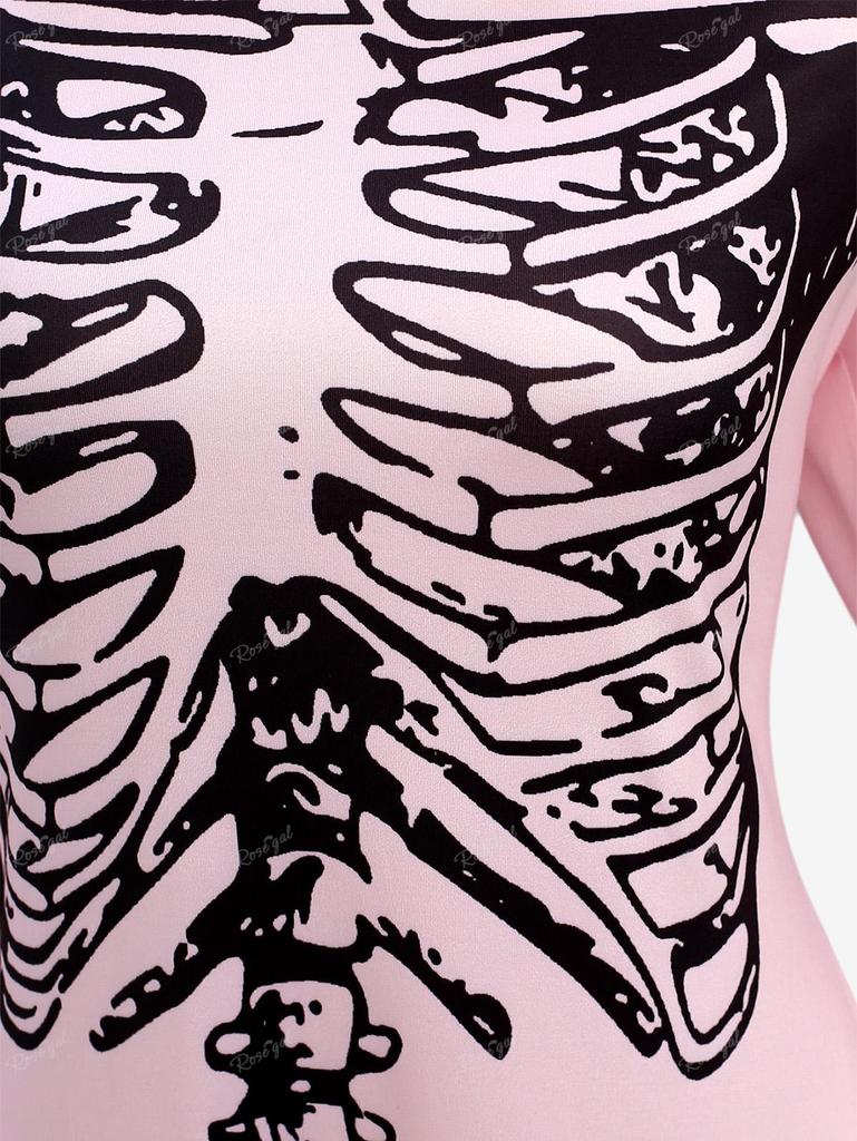 Rosegal Plus Size Halloween Skeleton Print Bell Sleeves Hooded High Low Dress