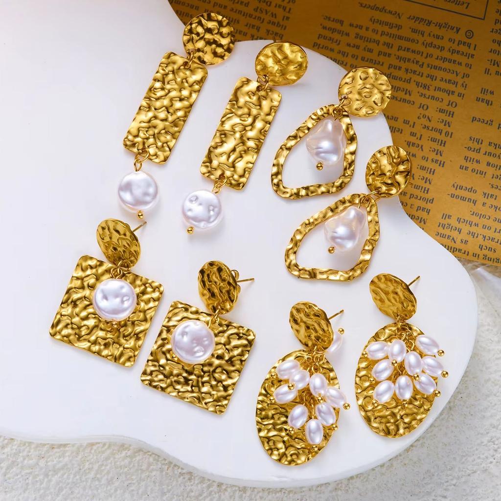 Vintage Stainless Steel Irregular Imitation Pearl Dangle Earrings for Women Luxury Geometric Drop Earrings Party Jewelry Gift