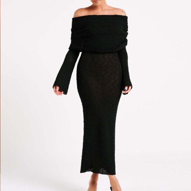 

off-Shoulder Large Lapel Sexy Hollow Long sleeve Vacation Long Beach Vacation Black M