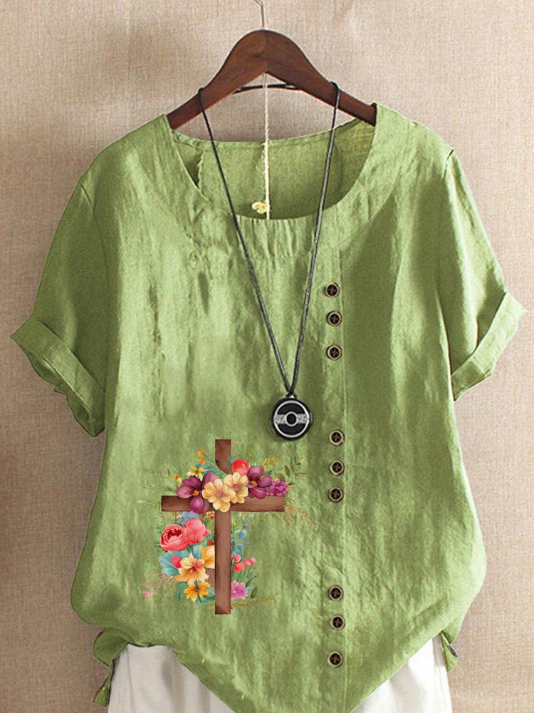 

Women s Fashion Cross Flowers Pink Shot Sleeve T-shirt Loose Cotton Shirt Casual Loose Summer Blouse Tops Plus Size 5XL зелений