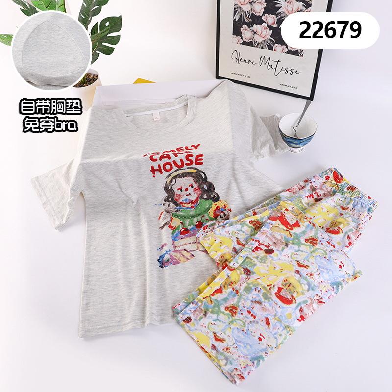 

Self-brought chest pad pajamas, women s summer short-sleeved trousers, summer thin styles can be worn outside, casual loungewear suit Female m【 40-47.5kg 】