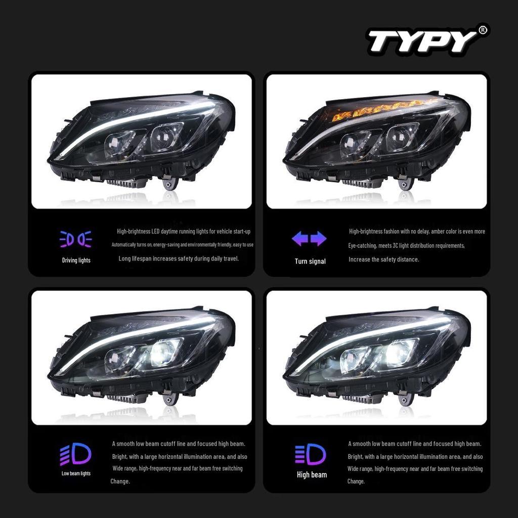 Compatible with 15-21 Mercedes-Benz C-Class W205 High-End LED Projector Headlights with DRL and Turn Signals