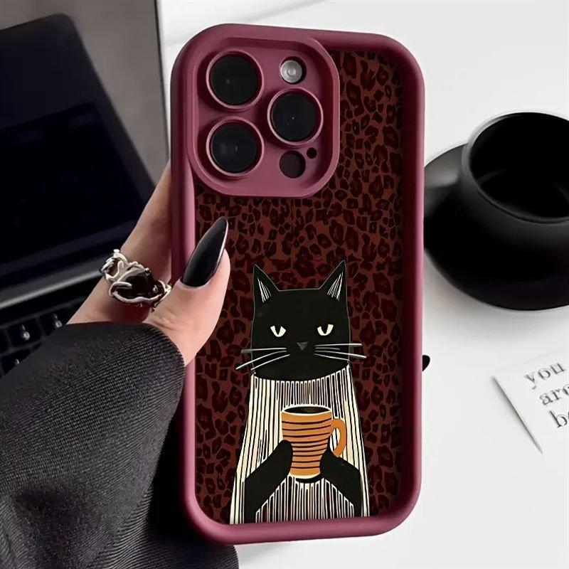 Elegant Black Cat Handheld Coffee Cup Striped Scarf Leopard Print Phone Case for iPhone 17 16 15 14 13 12 11 Pro Max Plus Cover