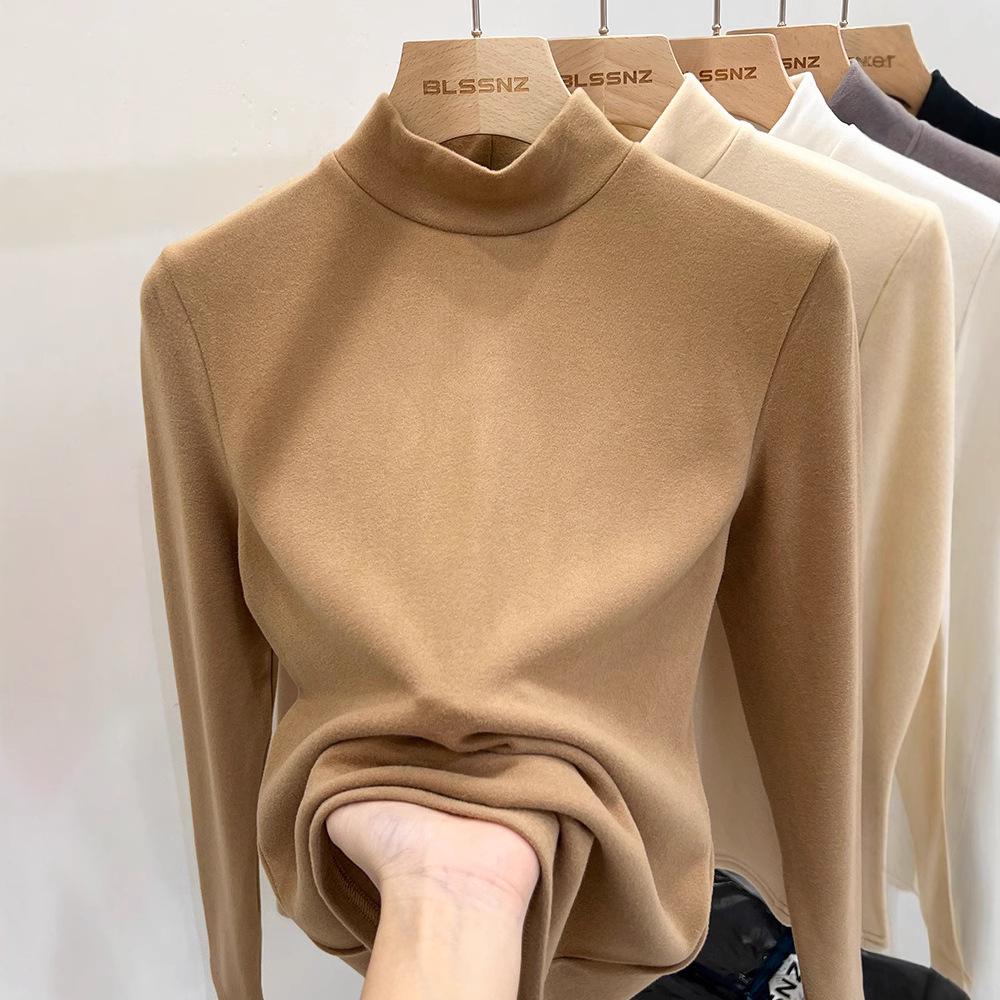Velvet Semi-High Neck Long Sleeve Women's Modal Base Layer T-Shirt - Slimming White Autumn/Winter Fashion Top