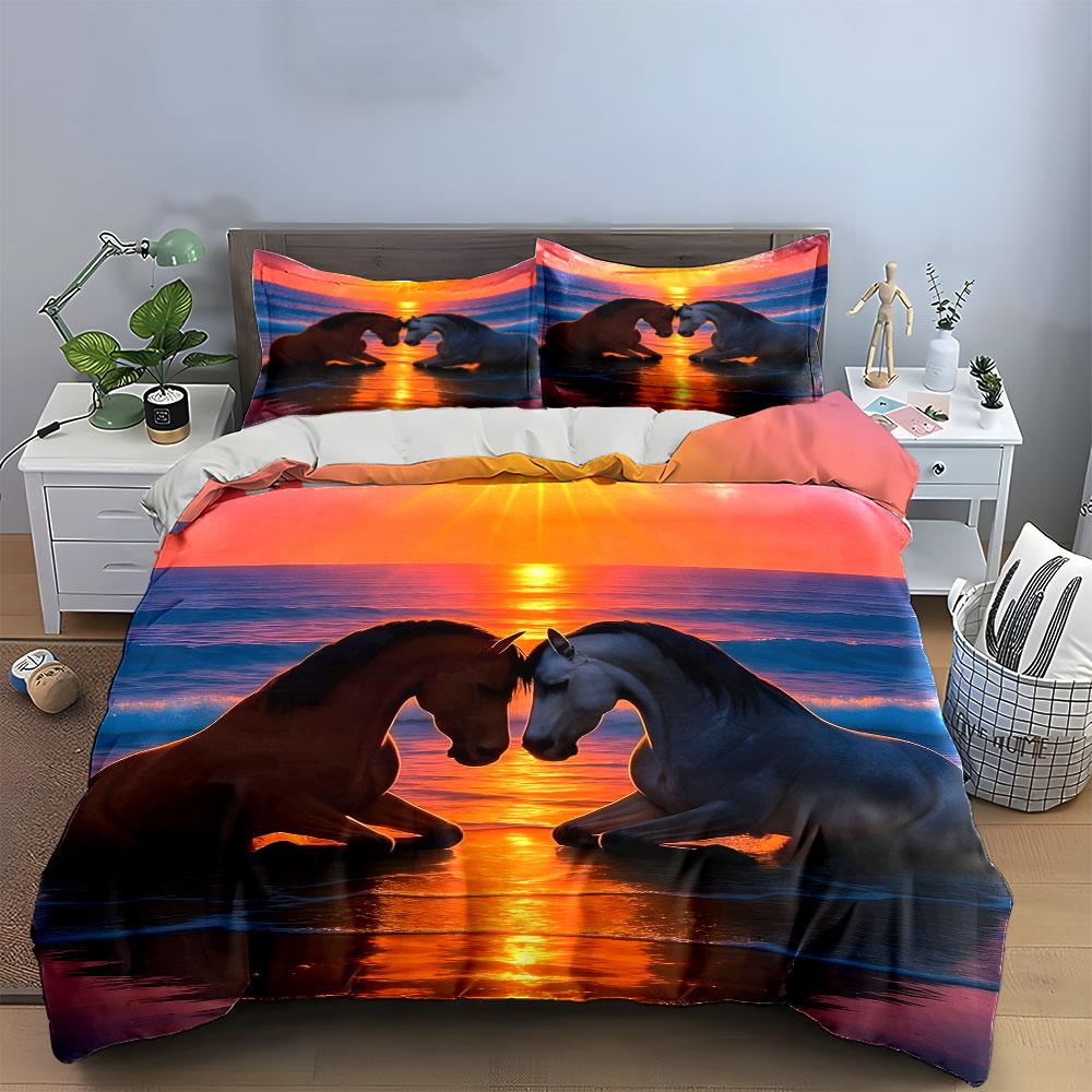 Romantic Sunset Horse Decor Set Bedding Set with 1 Duvet Cover 2 Pillowcases Single Double King Queen, Gift