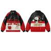 American Street Style Color Block Cartoon Embroidered PU Leather Jacket Loose Fit Couples