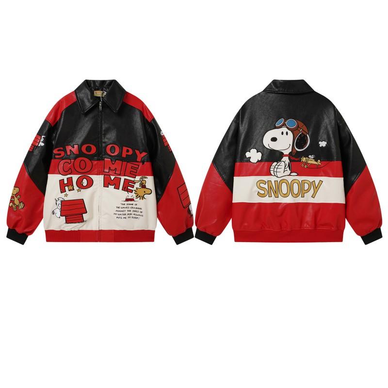 American Street Style Color Block Cartoon Embroidered PU Leather Jacket Loose Fit Couples