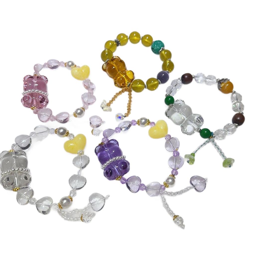 Bracciale Multi-Tesoro Originale in Stile Cinese per Donna con Perline di Cristallo Artificiale e Design a Orsetto - Gioiello da Mano Dolce Retrò.