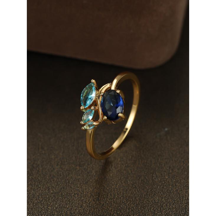 Vintage Two-tone Blue Zircon Ring for Women Gold Branch Horse Eye Light Blue Topaz Ring