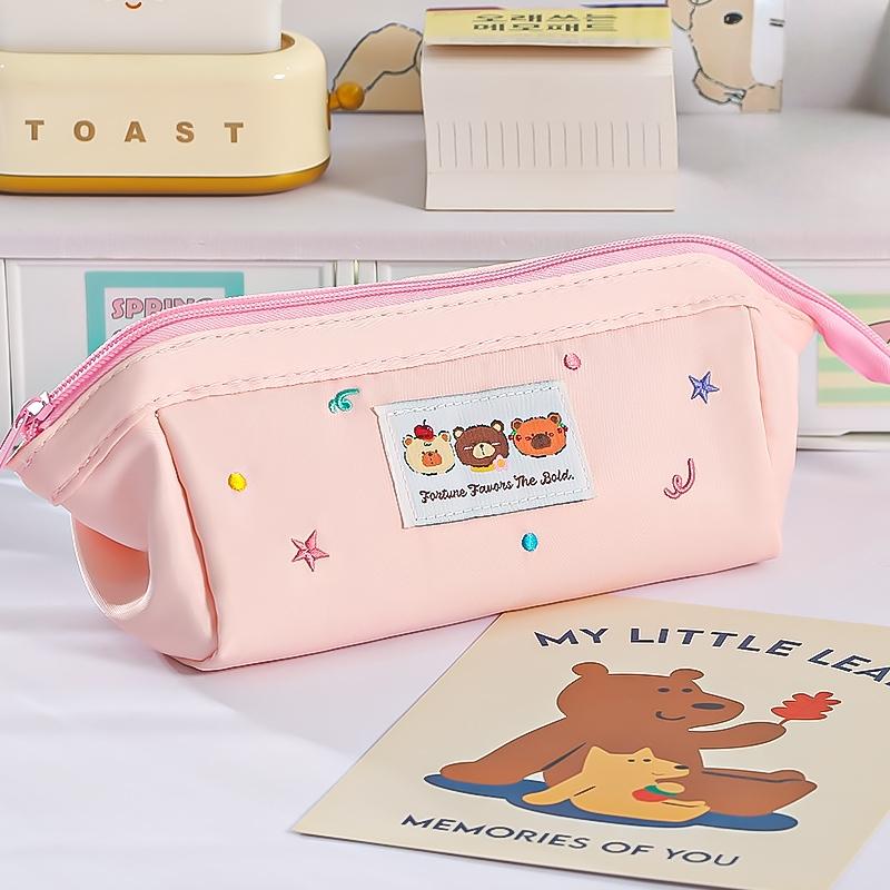 

1pcs Three Cartoon Bear Pencil Bag Pen Case Embroidery Design Large Opening Cute Portable Storage Pouch Student