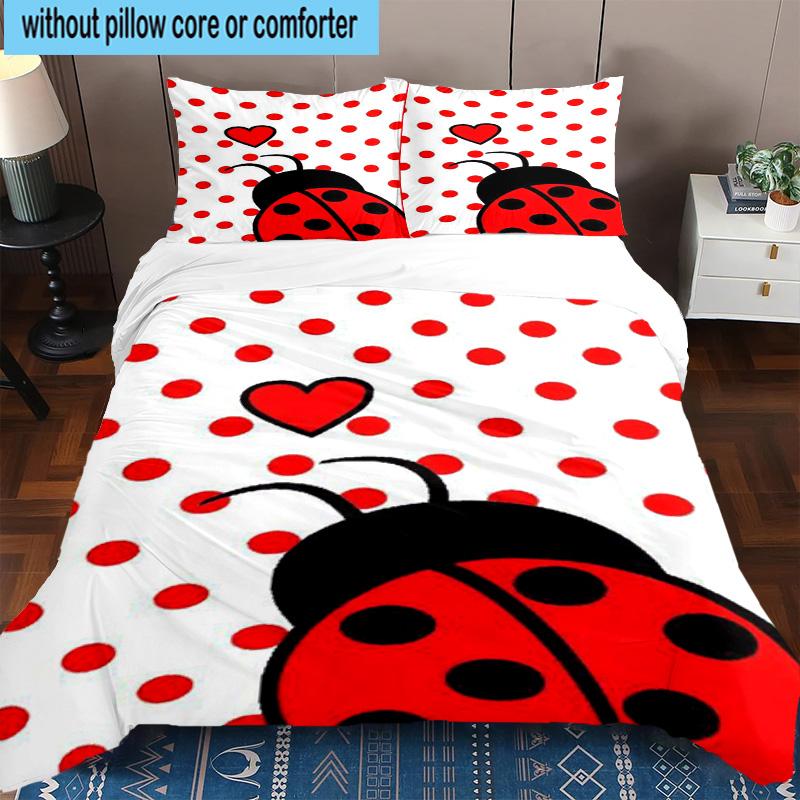 Ladybug Love Heart Pattern 3pcs Bedding,Including 1pc Duvet Cover And 2pcs Pillowcases Perfect for Christmas,Ideal for Bedroom, Dormitory