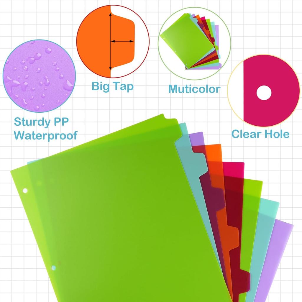 8 Tab Binder Dividers for 3 Ring Binder, Plastic Binder Dividers with Tabs, Cute Page Pastel Folder Dividers with Big Tabs for School Office Home,